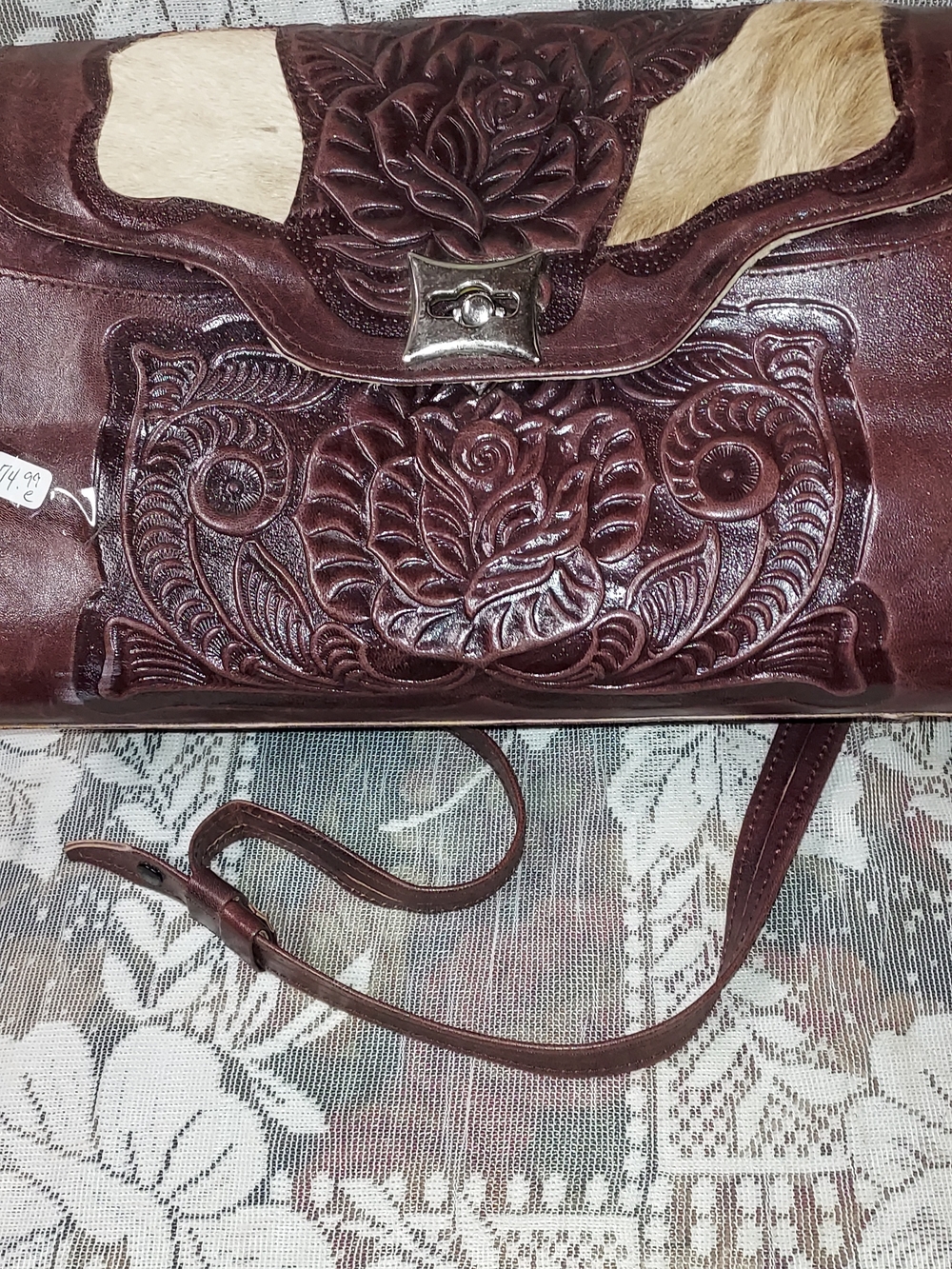 Handcrafted Tooled Leather Crossbody Bag in Dark Brown Cowhide 13" X 9" 23 Drop